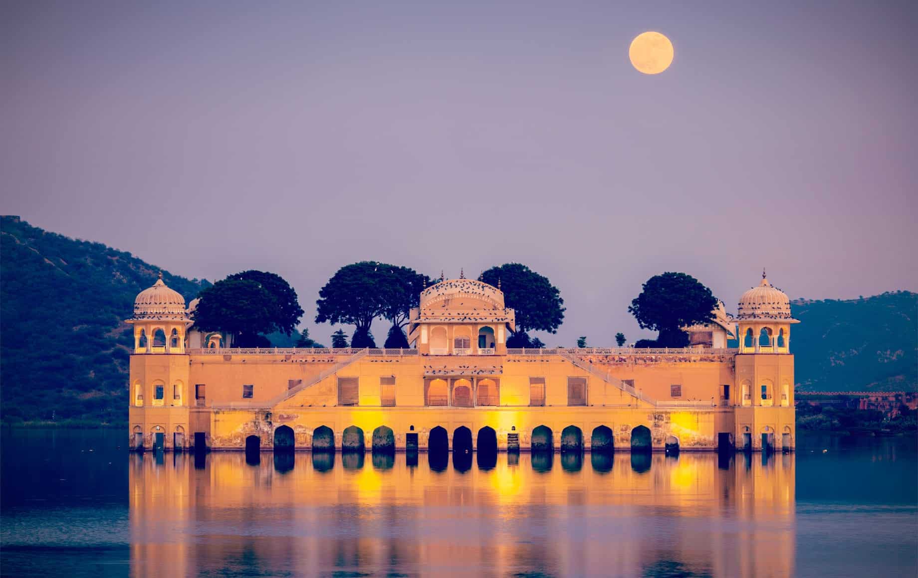 Jaipur Palace on a Lake with Bright Moon