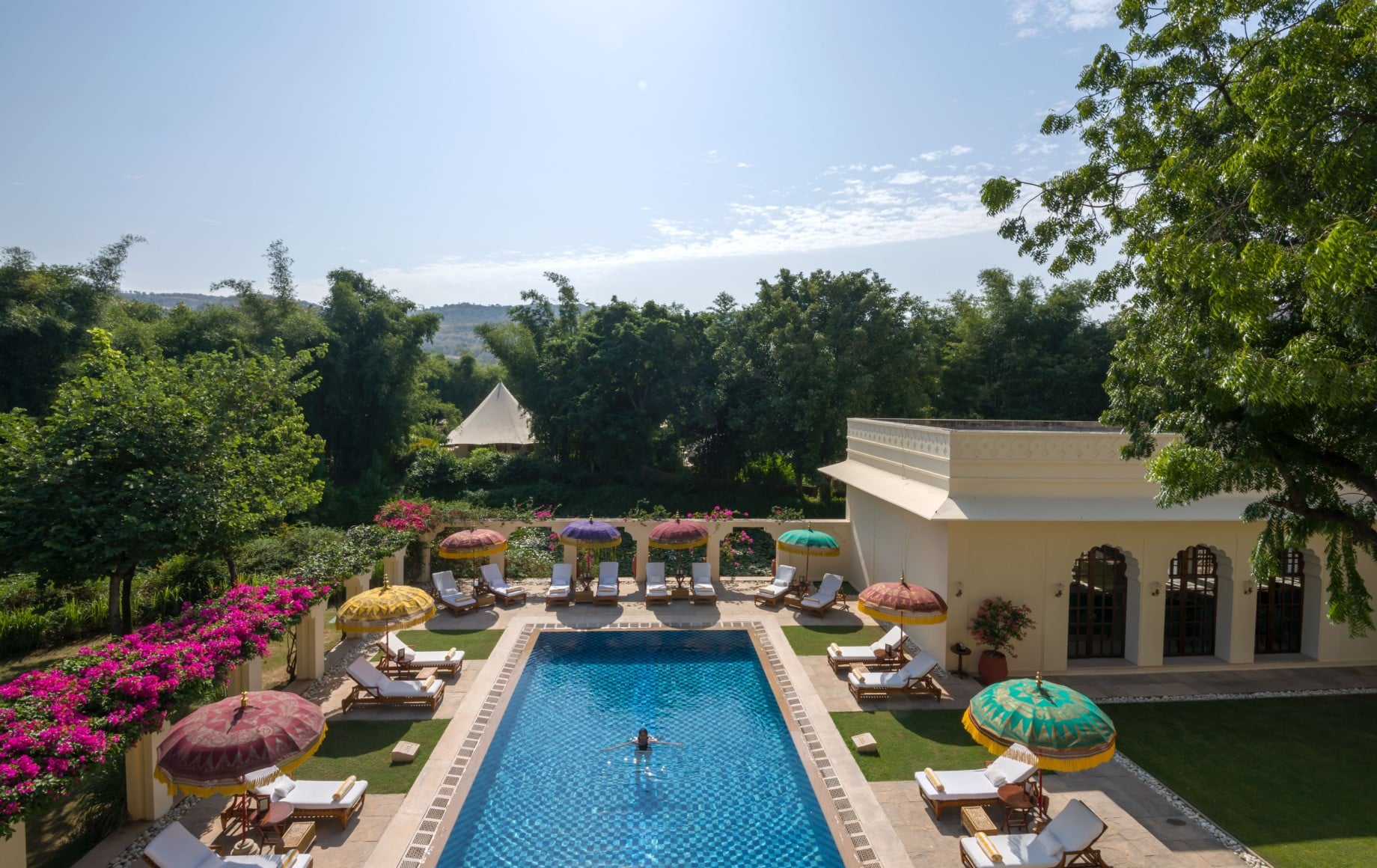 an aerial shot of the pool