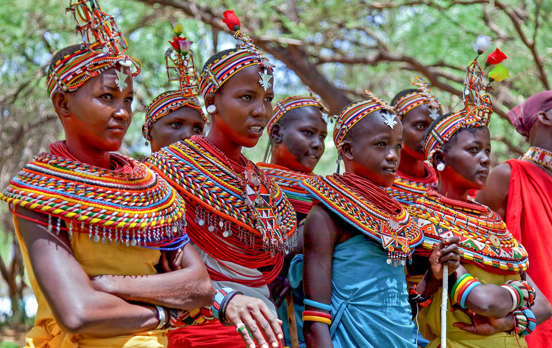 Members with bright, colorful clothing and accessories at Samburu National Reserve