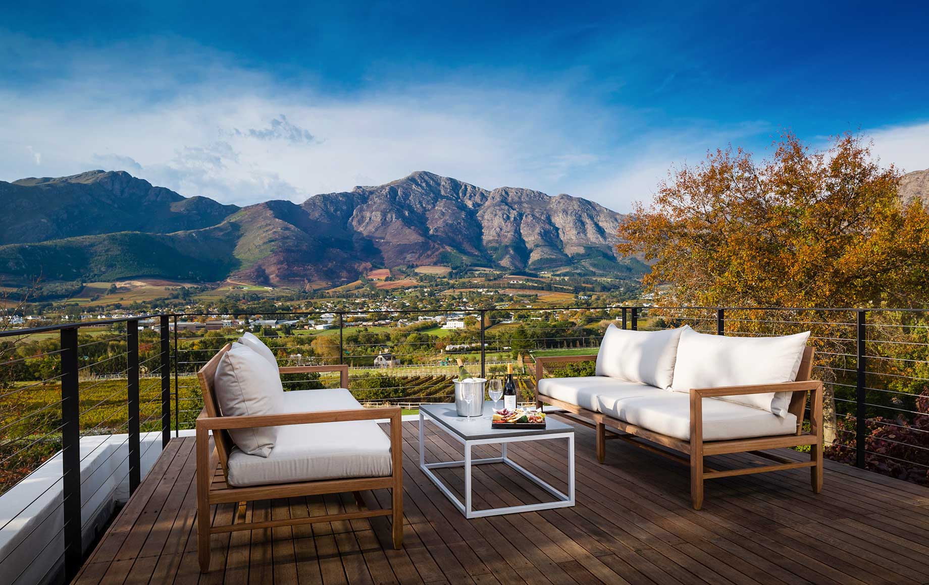 Drinking wine in front of fields at Cape Winelands