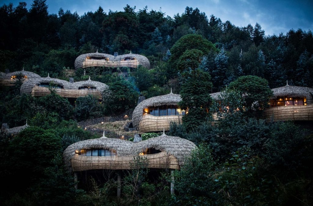 Hotel rooms among nature at Bisate Lodge in Africa