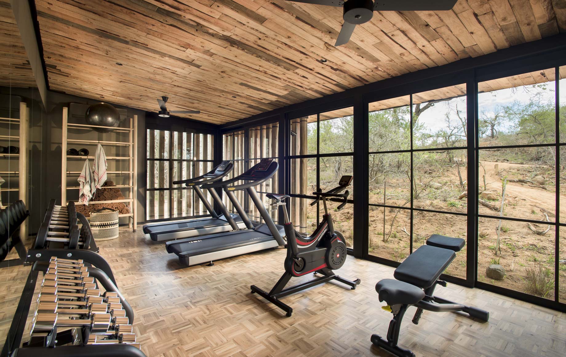 Interior fitness area of Tengile River Lodge