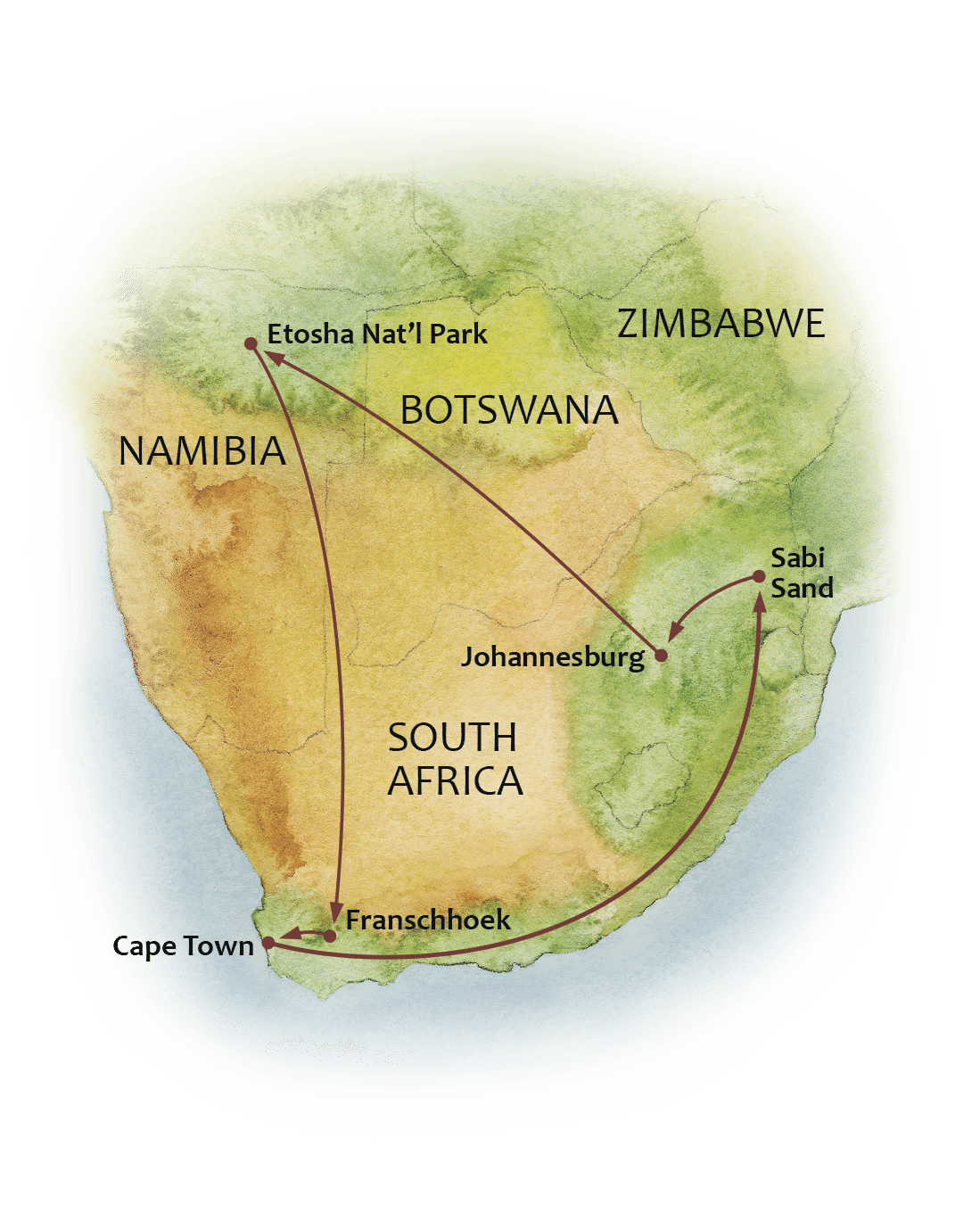 Map of the Great Namibia and South Africa Safari