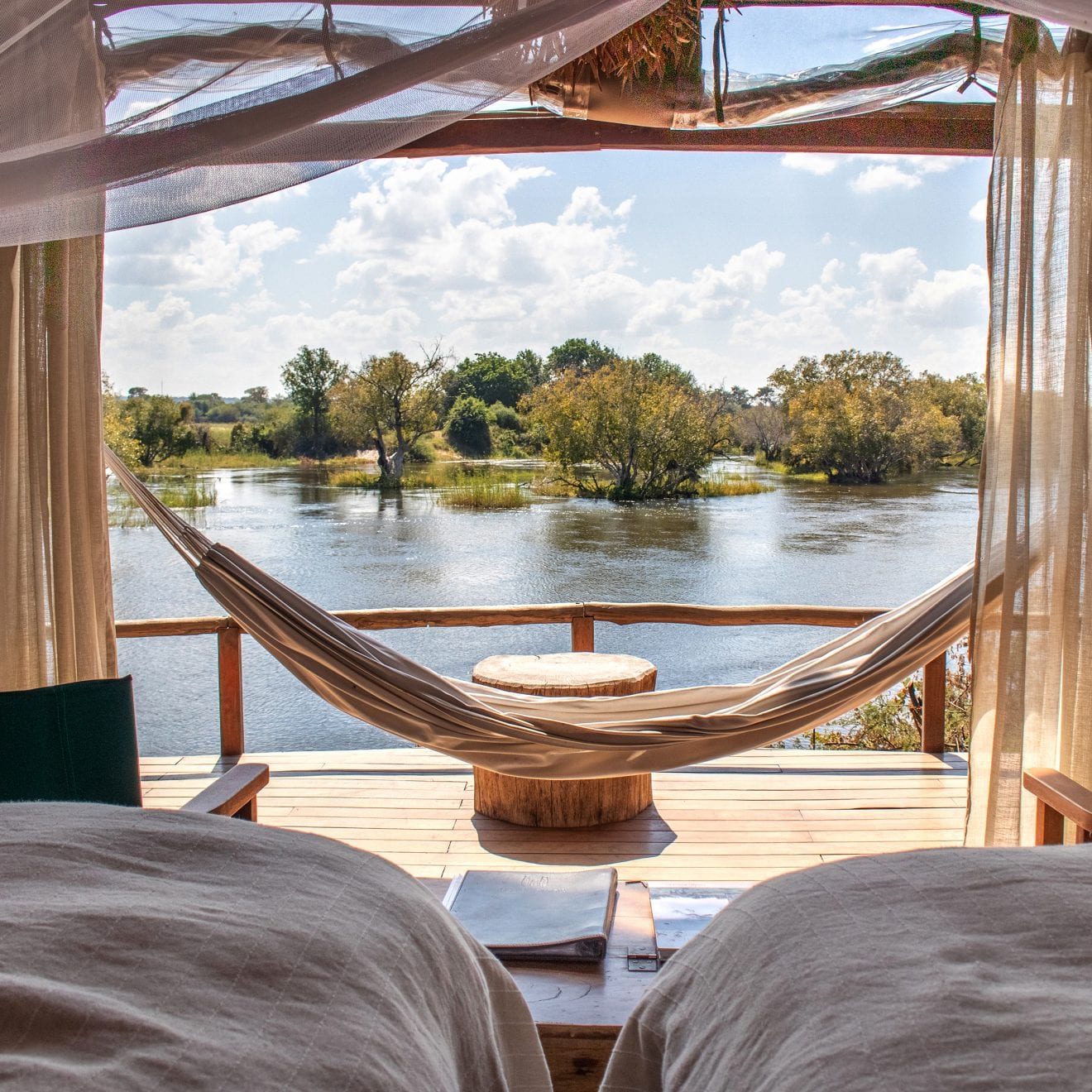 a bedroom patio overlooking the Zambezi River