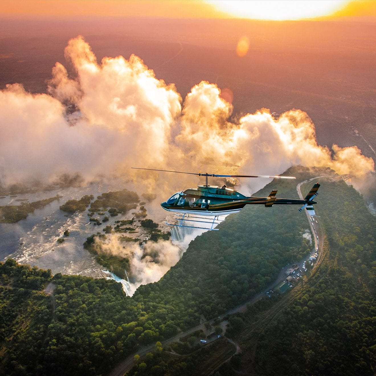 a helicopter flying over Africa