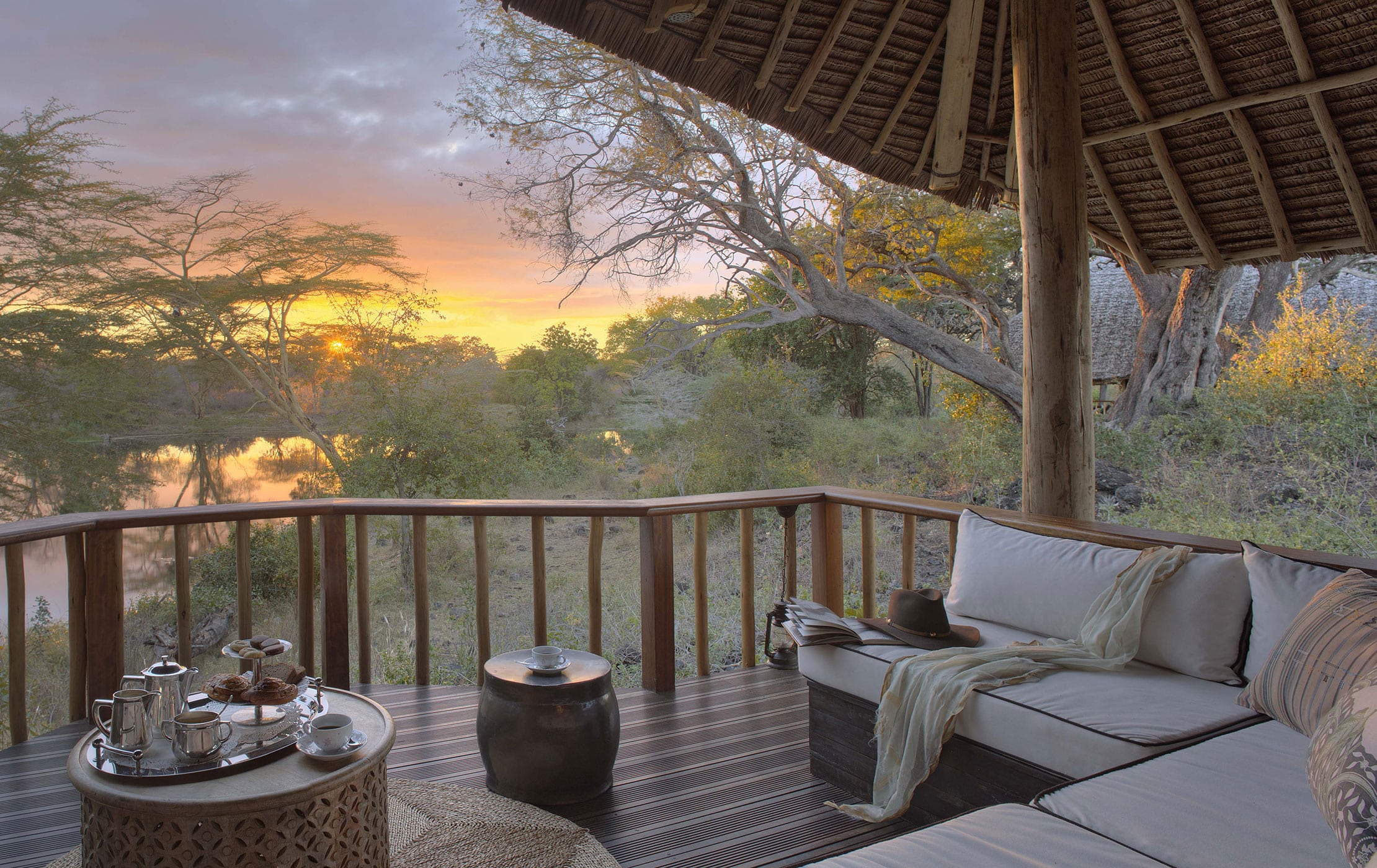 a luxurious patio at the the Finch Hattons Camp