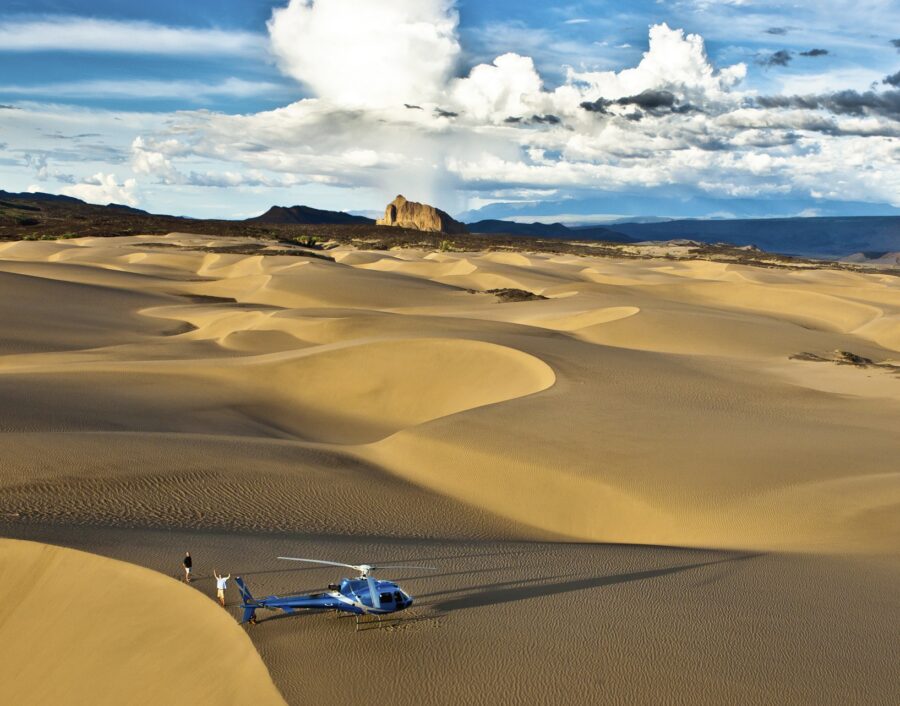 helicopter in the sand dunes of northern Kenya